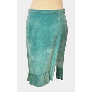 BCBG MAX Suede Leather Ruffle Skirt Women's 4 Western Cowgirl Turquoise Blue Y2K